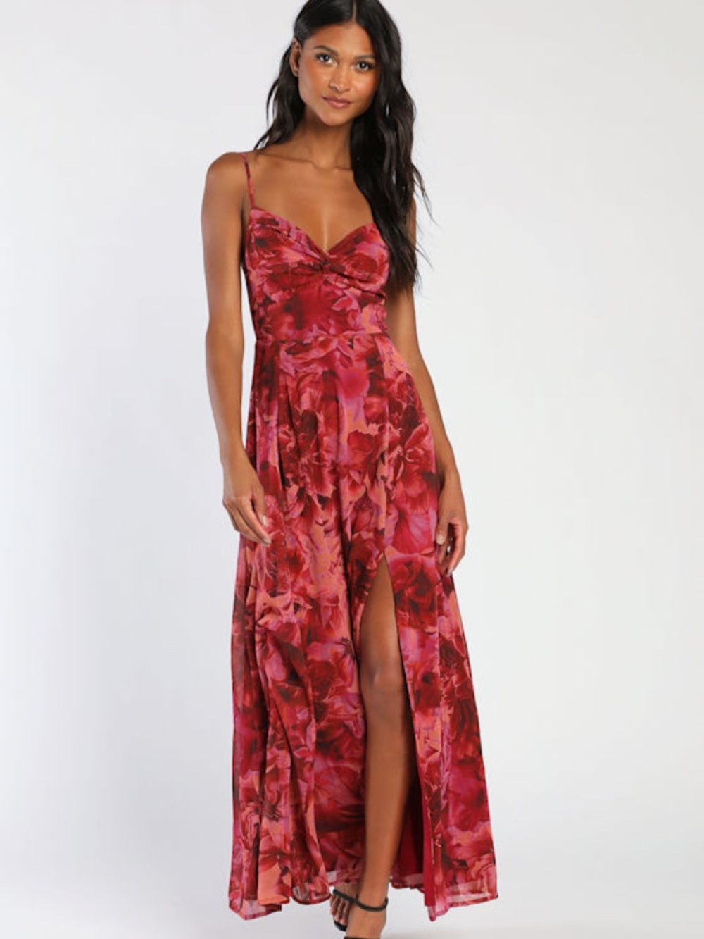 Lulus Beautiful Soul Burgundy Floral Print Twist-front Maxi Dress Red - Size L